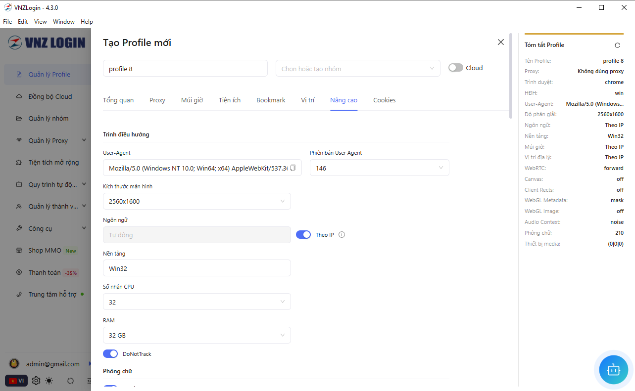 Set up browser fingerprint in VnzLogin