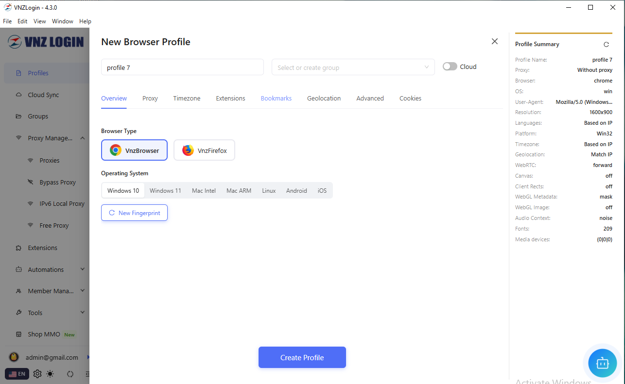 Setup browser fingerprint parameters