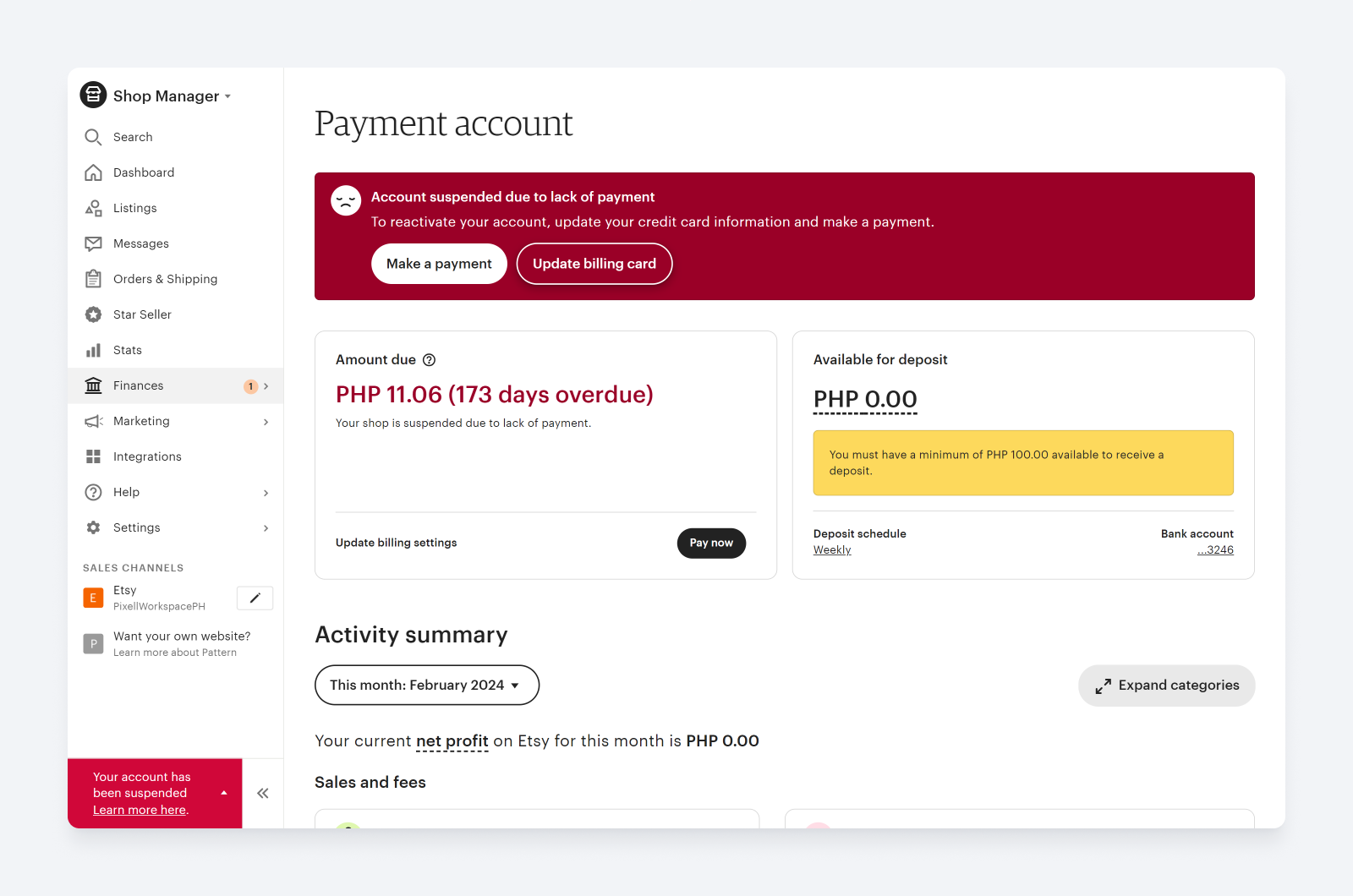 Etsy account suspended due to unpaid fees