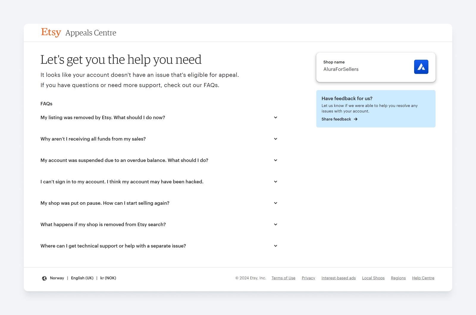 Etsy appeal support page