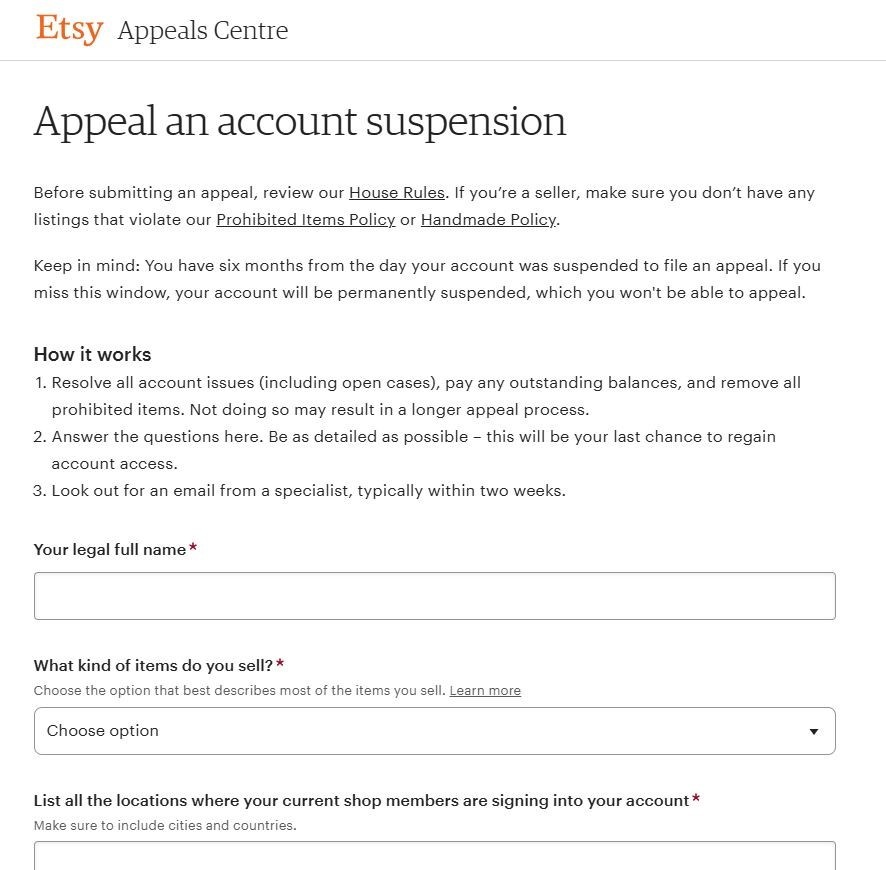 Etsy appeal page